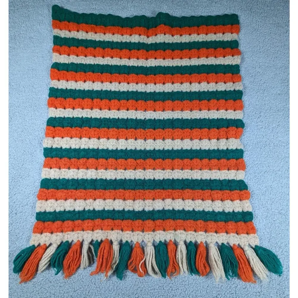 Handmade Crochet Afghan Throw Blanket Orange Tan Green Striped 24x32 Inch